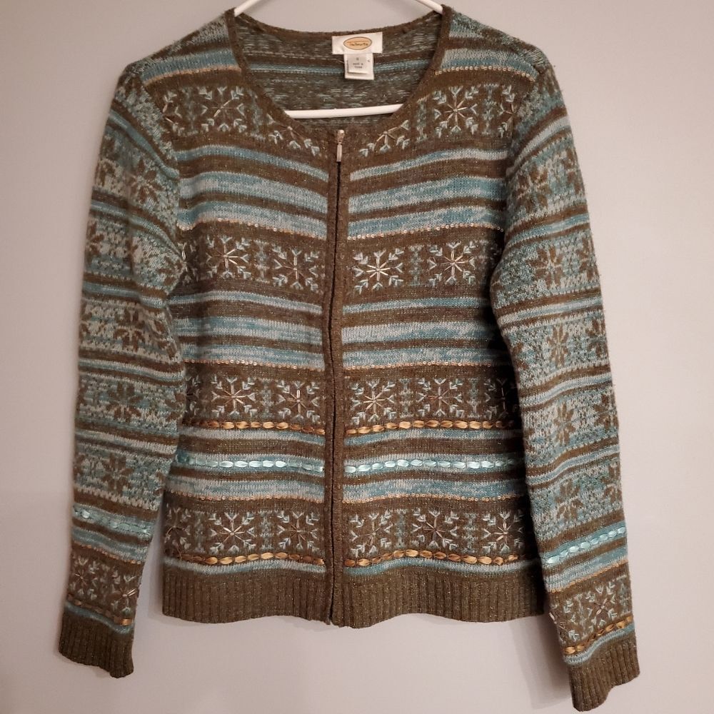 Talbots Lambswool Fair Isle Snowflake Embellished Full Zip Cardigan Size S